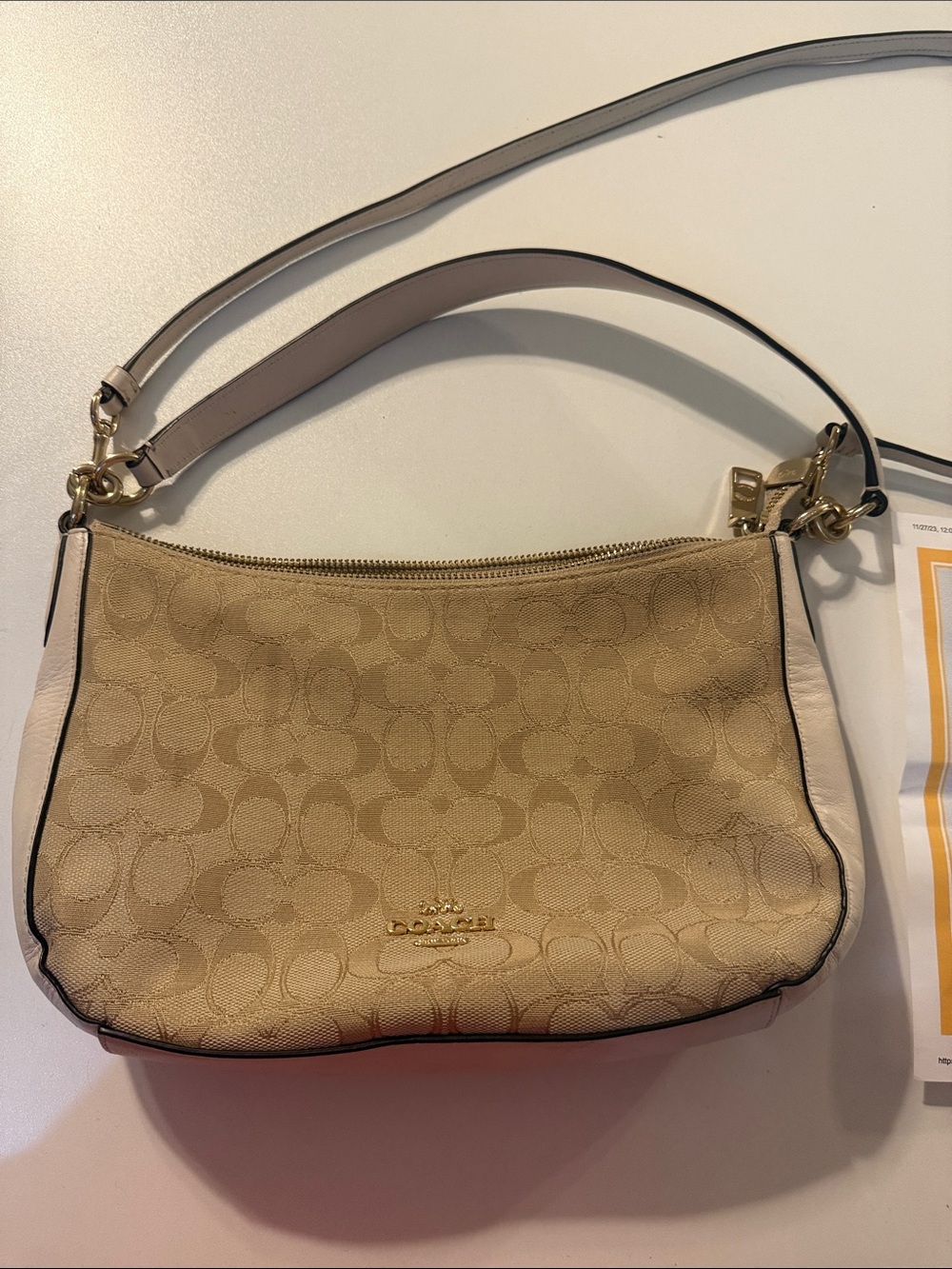 Coach Beige Signature Canvas Shoulder Bag with Pale Pink Trim